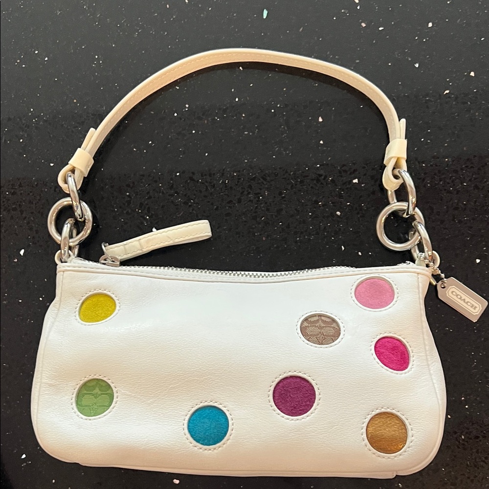 COACH Vintage Women’s White Leather Shoulder Bag with Multicolor Dot Accents